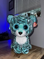 Beanie Ty Boos Tess The Teal Tiger Glitter Eyes Jumbo Size 17” Justice Exc NWMT