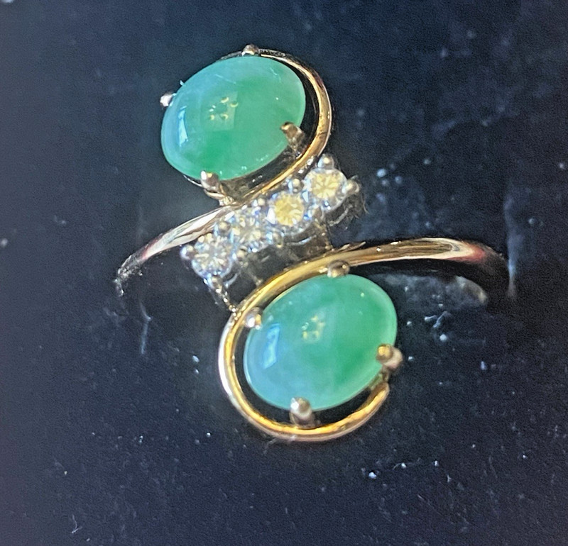 Ring Vintage 14k Yellow Gold Bright Apple Green Jadeite Jade Diamond FJG35 SZ 7