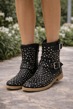 Women’s Black Studded Ankle Boots Size UK 6 Biker Rock Chic Leather Look