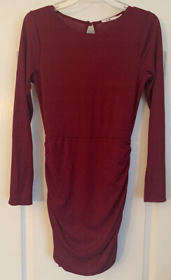 Mi Ami~Burgundy Red Dress~Long Sleeve~Ruched Sides~Sparkles~ Size M