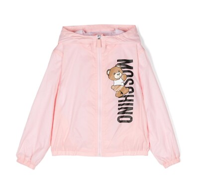 Moschino Kid Girls Pink Teddy Bear Print Hooded Jacket Windbreaker Size 6 NEW