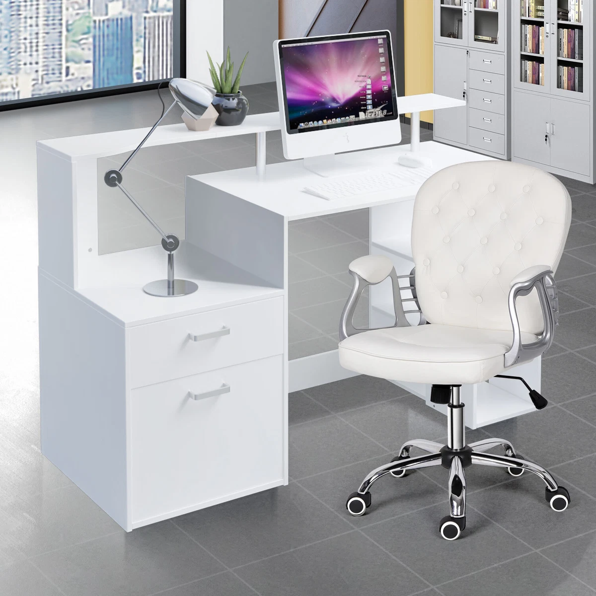 Computer Desk Office Chair Set Corner PC Table Rotating w Drawers Shelves Home