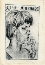 Medical Nurse and Snake, Vintage Art Print Ex libris by Valdur Vallak, Estonia