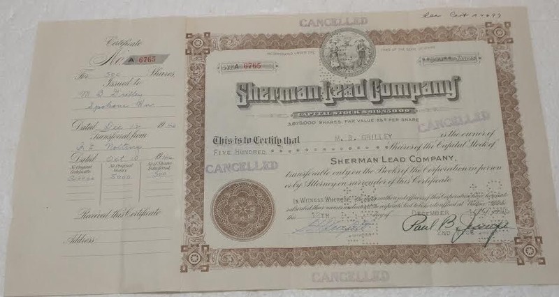 1946 SHERMAN LEAD CO 500sh ctf#6765 w/seal, stamps, EXCELLENT RARE Some wear