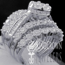 10K White Gold On Silver Engagement Ladies Ring 3 Piece Bridal Set