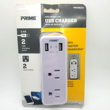 NEW- Prime Line HIGH SPEED 2.4A USB CHARGER w/TWO 120 VOLT AC OUTLETS NIP