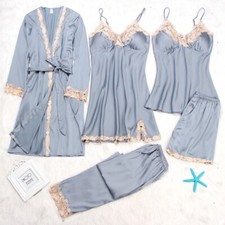 5 Pieces Silk Satin Sleepwear Women Pajamas Set Lace Sleep Nightwear Homewear