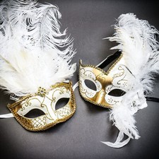 Gold White Feather Themed Couple's Halloween Masquerade Ball Party Eye Masks