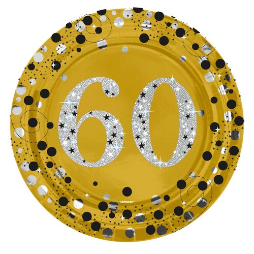 60th Birthday Paper Plates Age 60 60th Gold Silver Sparkle 23cm Party