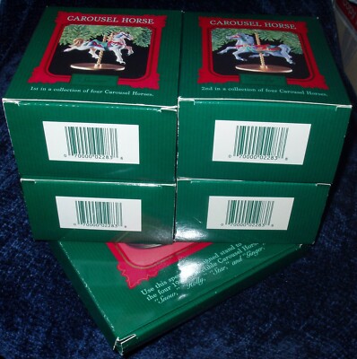 New VINTAGE 1989 Hallmark SET of 5, Carousel Horse Display Stand & 4 Ornaments