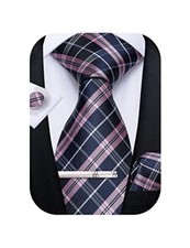 Plaid Ties for Men Silk Checkered Necktie and Pocket Square Blue Light Pink