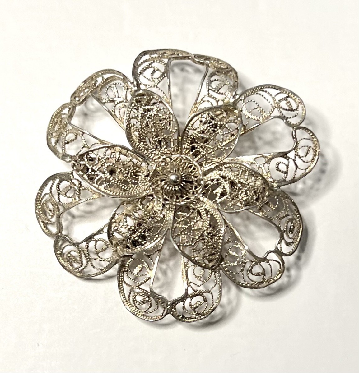 Antique Filigree Brooch w C-Clasp Delicate Lace Flower Floral