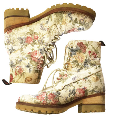 ESPACE Lace-Up Ankle Boots Floral Tapestry Print Fabric & Leather Women s 6.5 M
