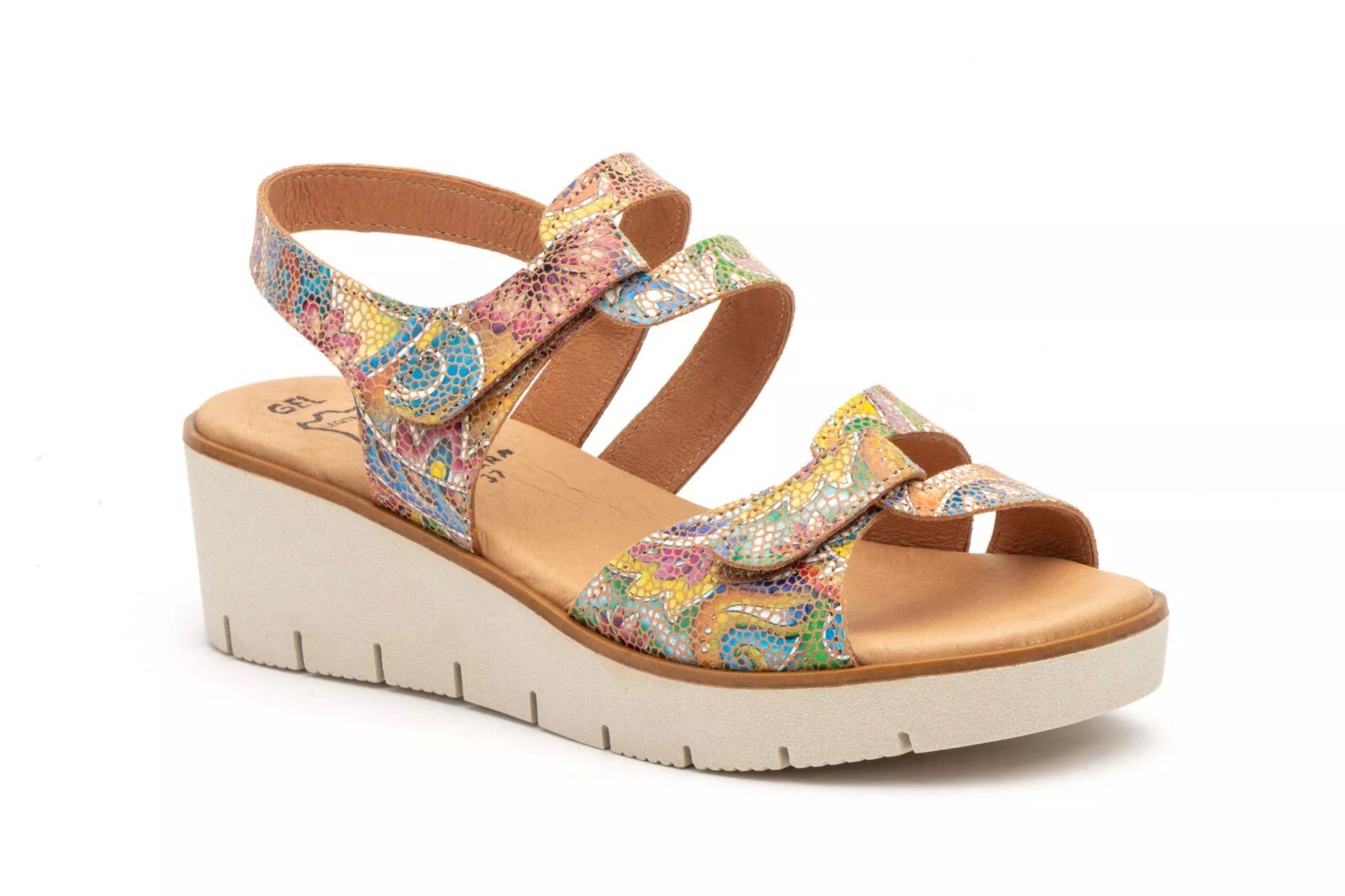 Alto estilo Sandalia de piel, en tiras, con cuña baja y plataforma, con velcro