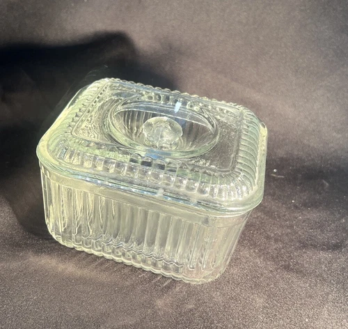 Vintage Anchor Hocking Square Clear Glass Ribbed Refrigerator Dish & Lid W/ Knob