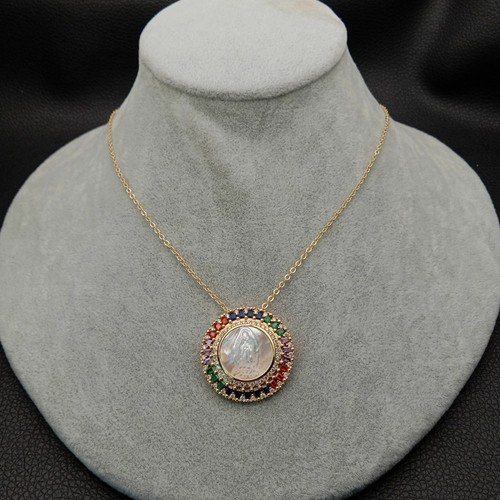 Virgin Mary Rainbow CZ Micro Pave 27mm white shell cameoxPendant chain necklace - Picture 6 of 7
