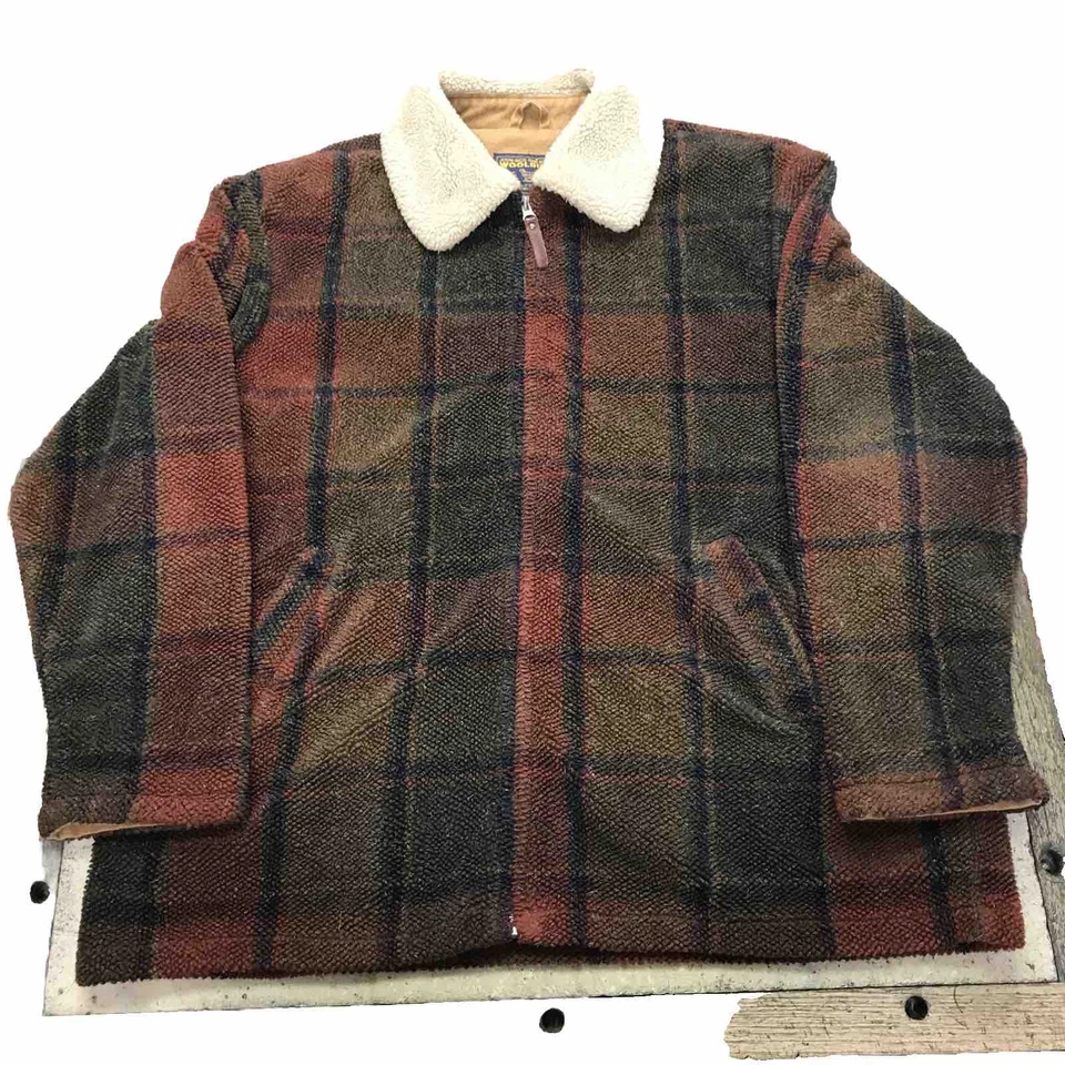 Vintage Woolrich Sherpa Jacket XL Plaid Red Green Fleece Full Zip Bomber USA - Image 2 of 4