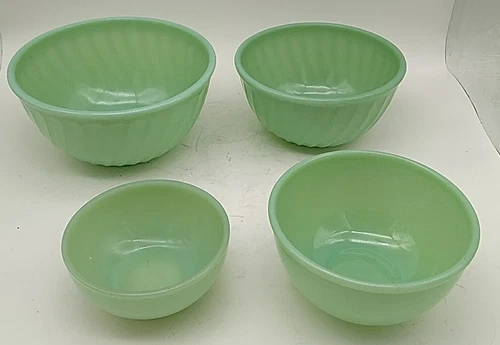 4 FIRE KING ANCHOR HOCKING JADEITE MIXING BOWLS NESTING LOT SWIRL SHELL & SOLID