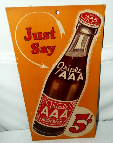 VINTAGE ORIGINAL 1950'S TRIPLE "AAA" ROOT BEER CARDBOARD SIGN 13.5" X 7" READ!!