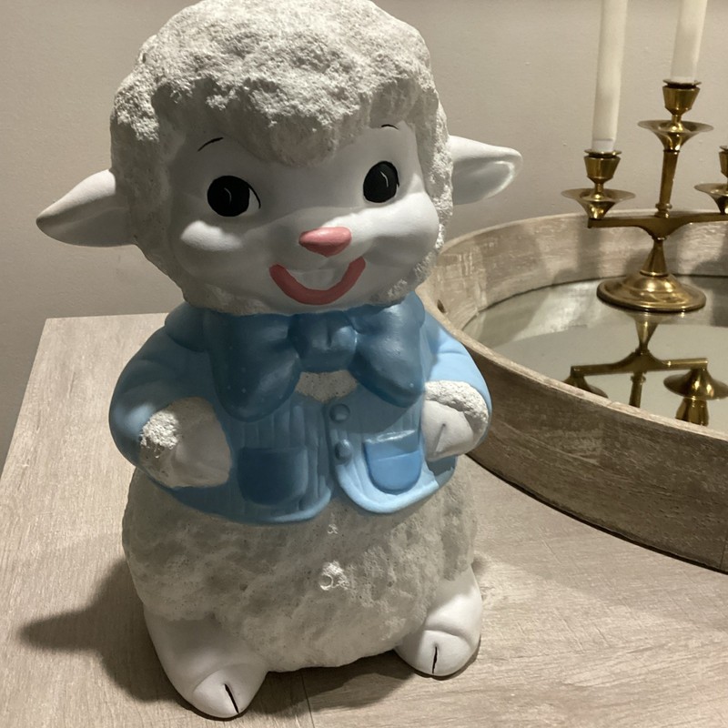 Vintage Ceramic Lamb Bank With Blue Jacket And White Polkadot Bowtie ￼