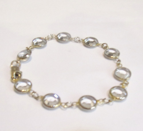 Vintage  90's Bezel Set Round Faceted Clear Crystals,Silver Tone Metal Bracelet