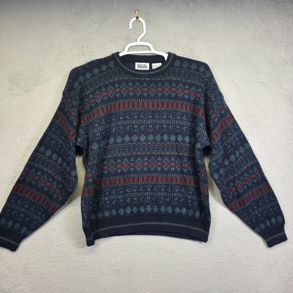 Vintage Basic Editions Sweater Mens L Blue Red Geometric Classic Retro Grandpa - Image 2 of 4