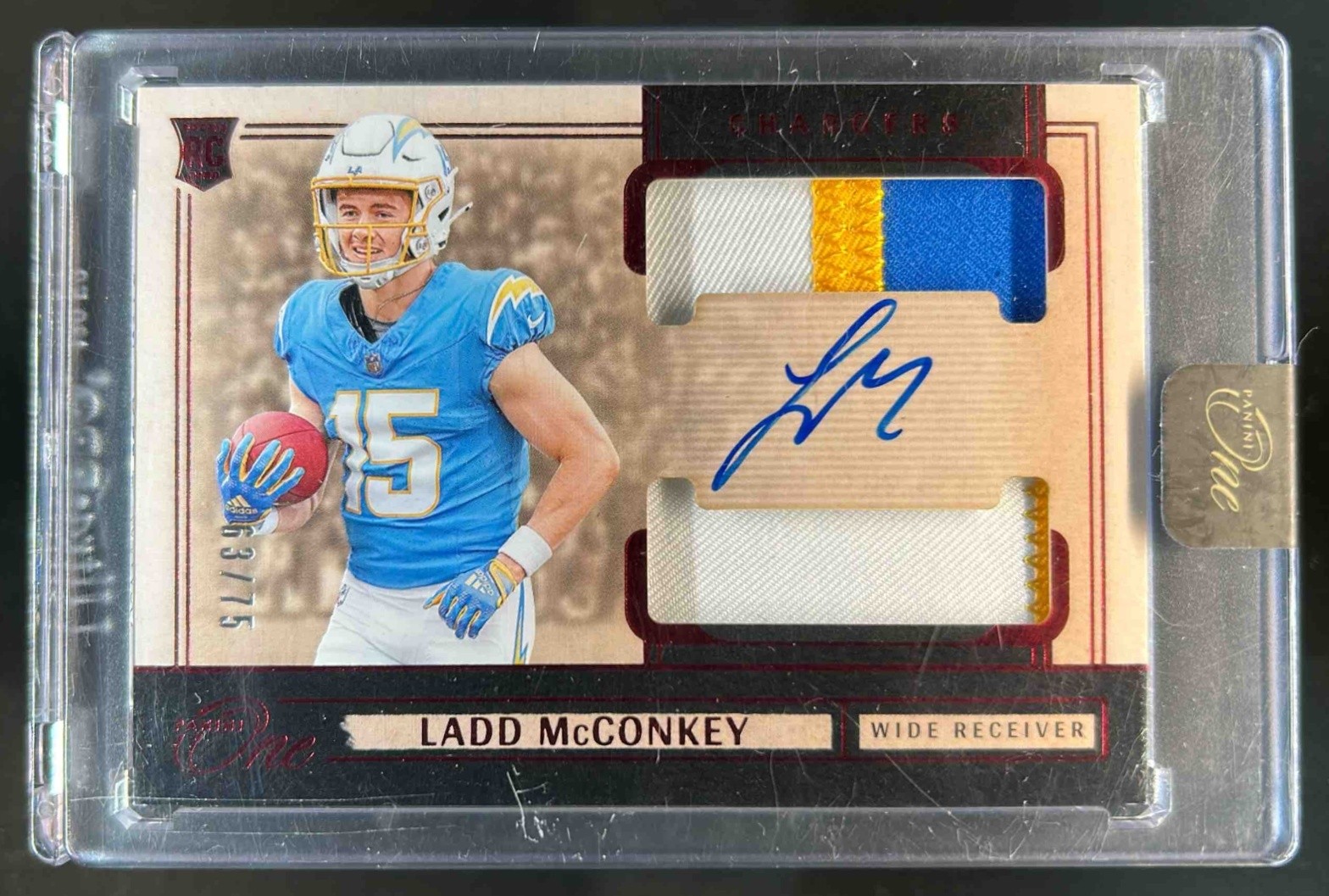 2024 Panini One Ladd McConkey Rookie Dual Patch Auto Red RC #63/75 Chargers