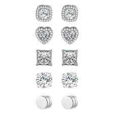5Pairs CZ Stainless Steel Magnetic Earrings Non-Piercing Clip-On Studs Men Women