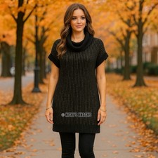 Nine West Lurex Sweater Dress Y2K Black Gold Cowl Neck Sparkle Party Mini Size S