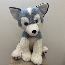 Jumbo Huge Stuffed Plush Husky Dog Wolf Sitting Paw Print Blue Eyes  Collar 23  