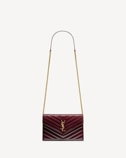 SAINT LAURENT CASSANDRE ENVELOPE CHAIN WALLET IN PATENT LEATHER DARK RED WINE