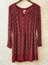 Alga Women’s L Red Boho Batik Print Long Sleeve Short Peasant Dress