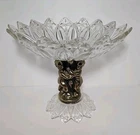 Vintage Candy Dish Compote with Brass Metal Cherub Base Clear Glass 9"h x 10"w