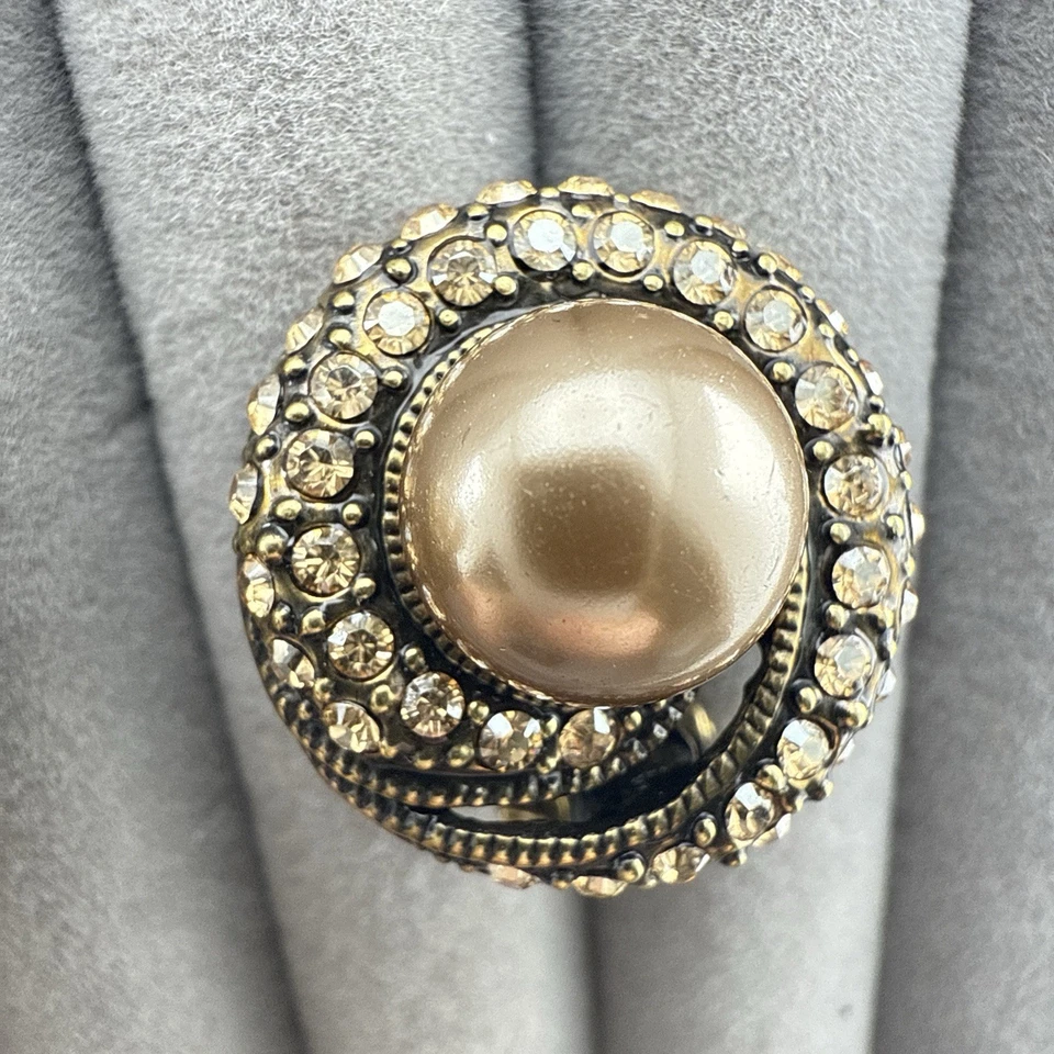 Heidi Daus Earrings Spiral Round Imitation Pearl Rhinestones Mocha Omega Back - Image 4 of 4