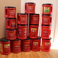 16  Empty Folgers Plastic Coffee Cans/Containers - Different Sizes