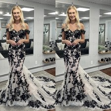 Gothic Mermaid Wedding Dresses Off Shoulder Appliques Sweep Train Bridal Gowns