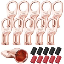 10PCS 4 AWG-1/2 Heavy Duty Battery Lugs with 3:1 Heat Shrink Tubing, Ring Ter...