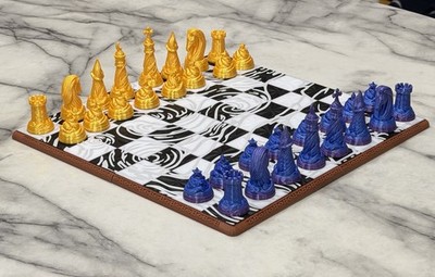 3D Printed Van Gogh Starry Night Chess Set | Gold & Purple/Blue Sculptural Piece