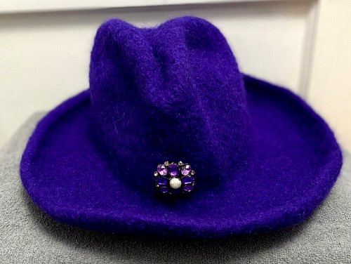 Vintage Fedora Floppy Brim Purple Wool Hat Womens Size Medium - Picture 6 of 8