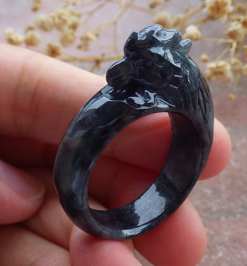 Certified Black Burma 100$ Natural A JADE Jadeite Rooster RING USA
