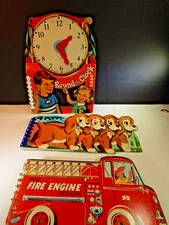 3 Vintage Children's Books Big Fire Engine, 4 Puppy, The Clock Book Shape Cutout
