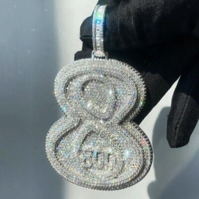 3 Ct Round Real Moissanite Men's Customize 8 Number Pendant 925 Sterling Silver