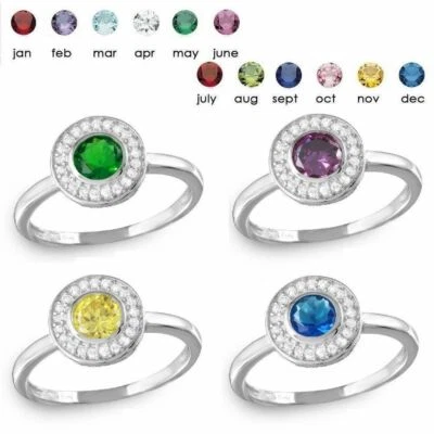 Sterling Silber Halo Ring Mit Klaren Und Geburtssteinfarbenen CZ Steinen - Bild 1 von 2