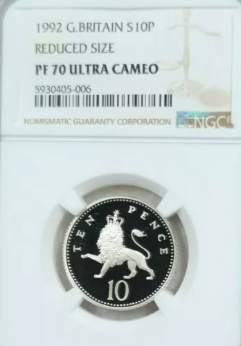 1992 GREAT BRITAIN SILVER 10 PENCE CROWNED LION NGC PF 70 ULTRA CAMEO PERFECT !