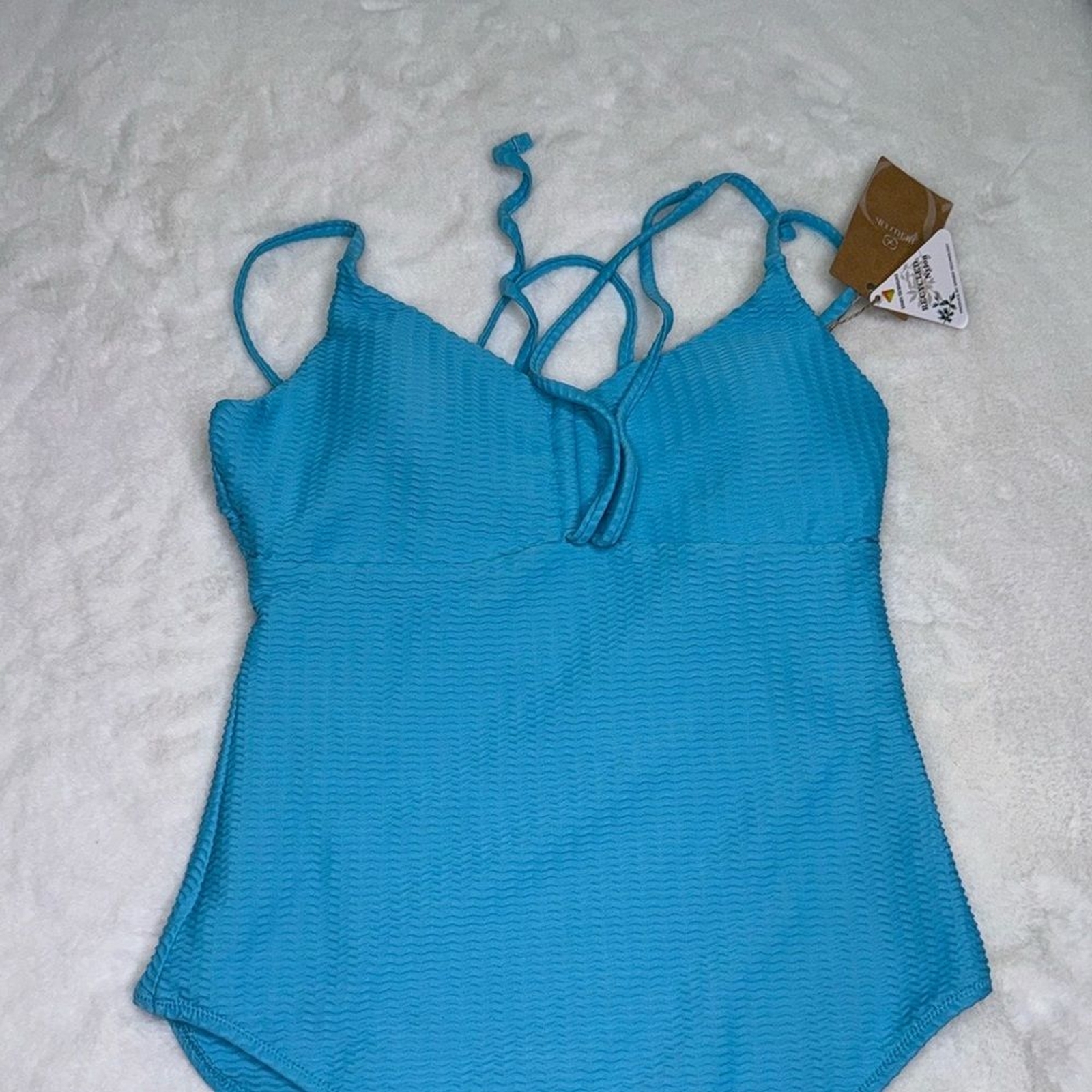 BERLOOK Womens Size Medium OMENSBlue Textured V Neck One-Piece Swimsuit image 7