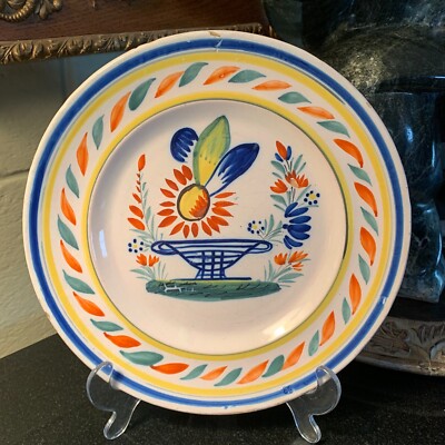 Early 1900's Henriot Quimper France Urn or Basket & Flowers 9 5/8'' Faience Plate