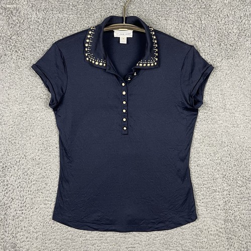 St John Sport Polo Shirt Navy Blue/Gold Embellished Studs S/S Womens Sz P (sz 0) - 第 1/13 張圖片
