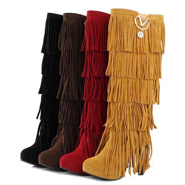 Tassel Fringe Knee High Block Heel Boots Womens Ladies Suede Long