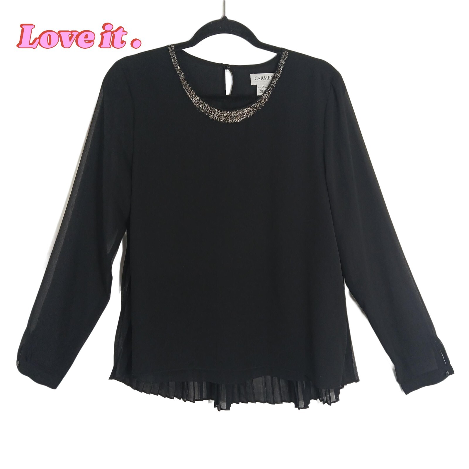 Carmen Marc Valvo Women's Black Beaded Blouse, Pleated Hem, Size M