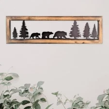 Giftever Rustic Wood Frame Bear In Woodlands Metal Wall Art Cabin Style Dcor 34"